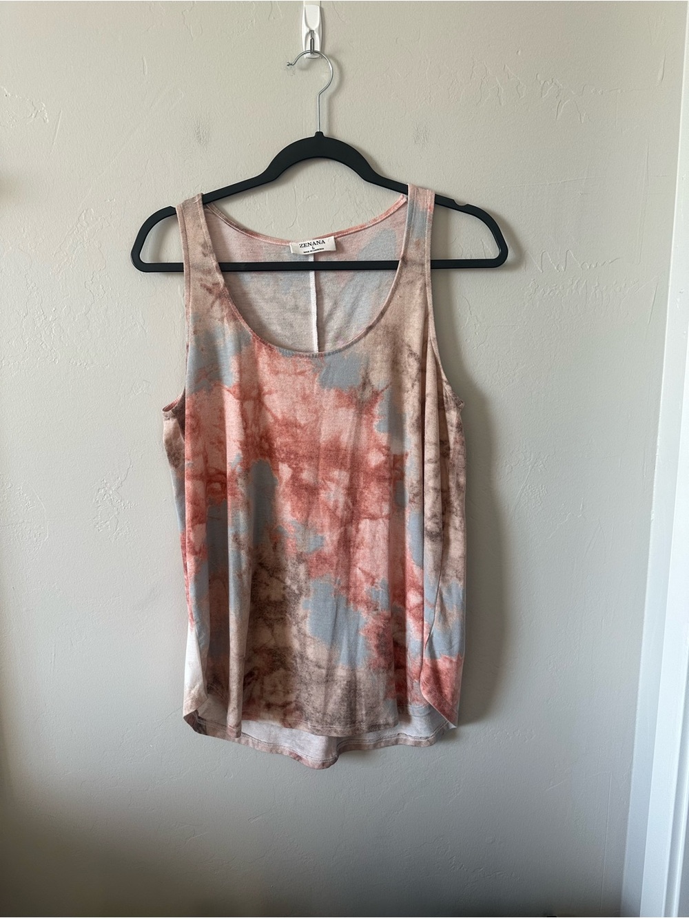 Zenana Tie-Dye Scoop Neck Tank Top - Coral, Light Blue & Brown
